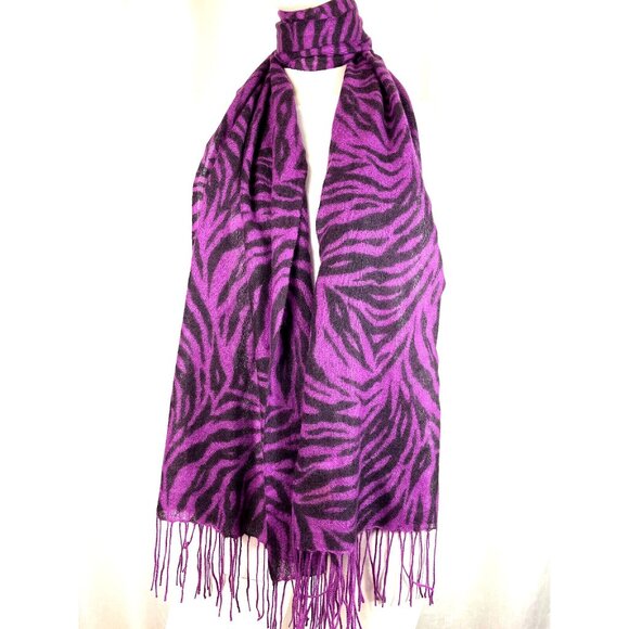 Saks Fifth Ave Purple Zebra Print Cashmere  Scarf Shawl Fringe - Picture 1 of 2